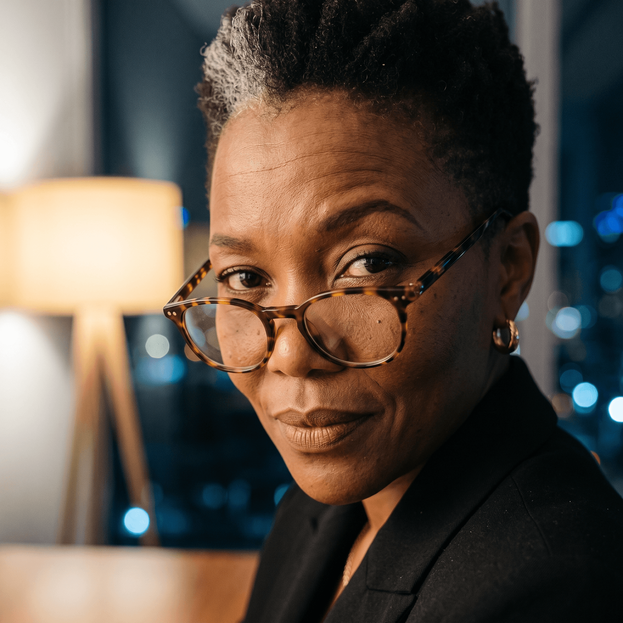 Close portrait of author Masego Phiri looking over her reading glasses
