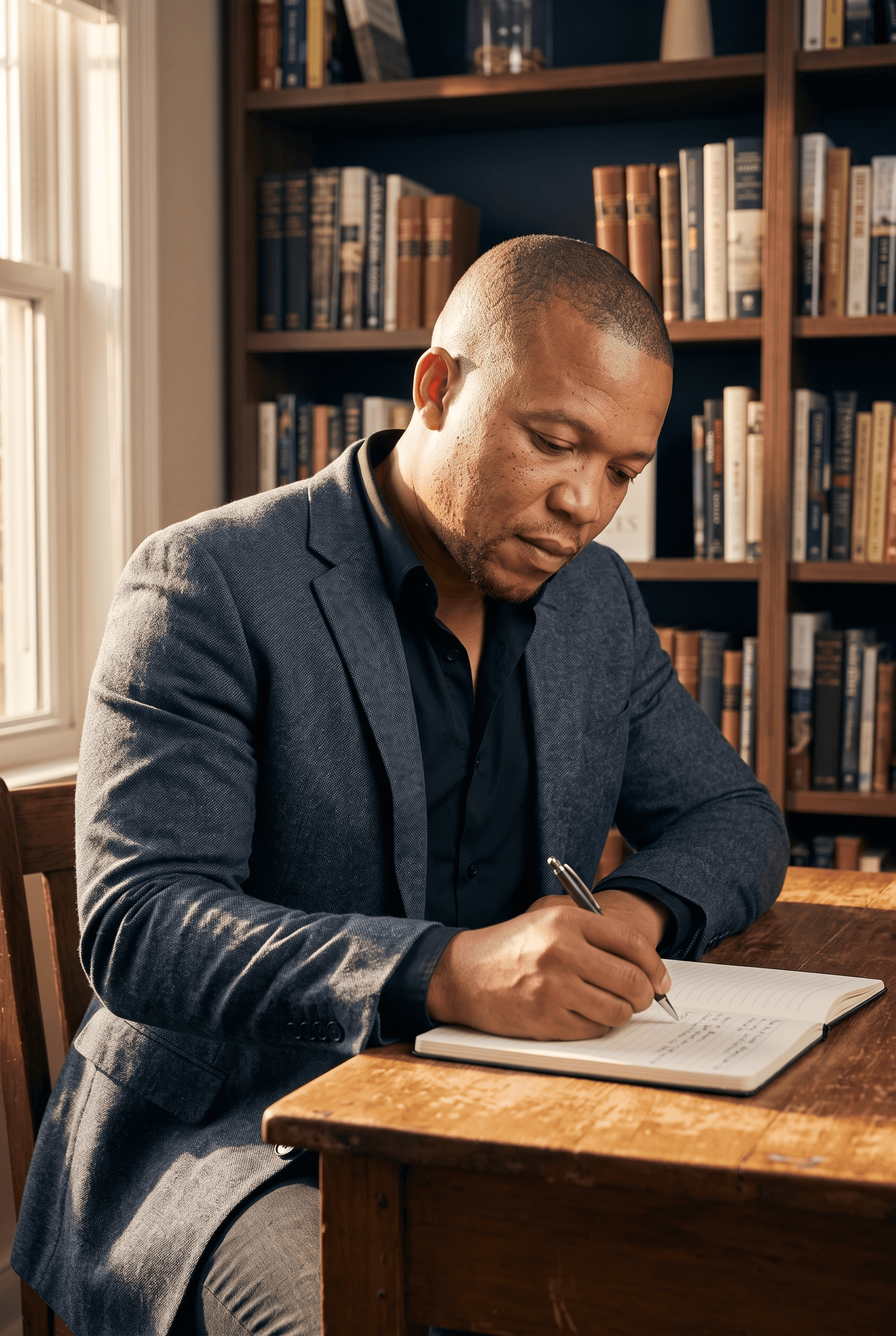 Author Zakes Mdluli writing longhand in a notebook at a wooden desk, bookshelves behind him
