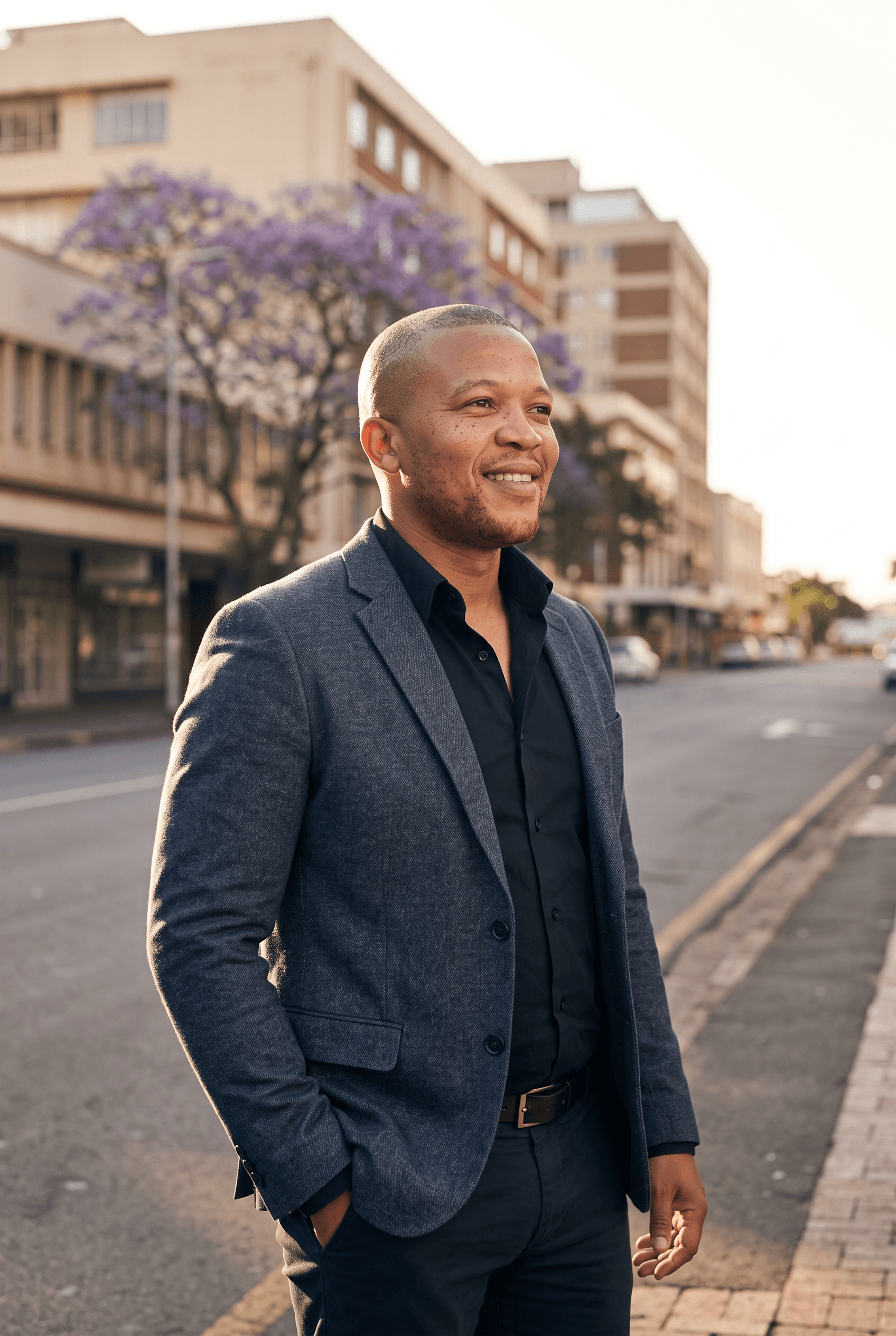 Author Zakes Mdluli standing on a Durban street at golden hour, jacaranda trees in bloom behind him