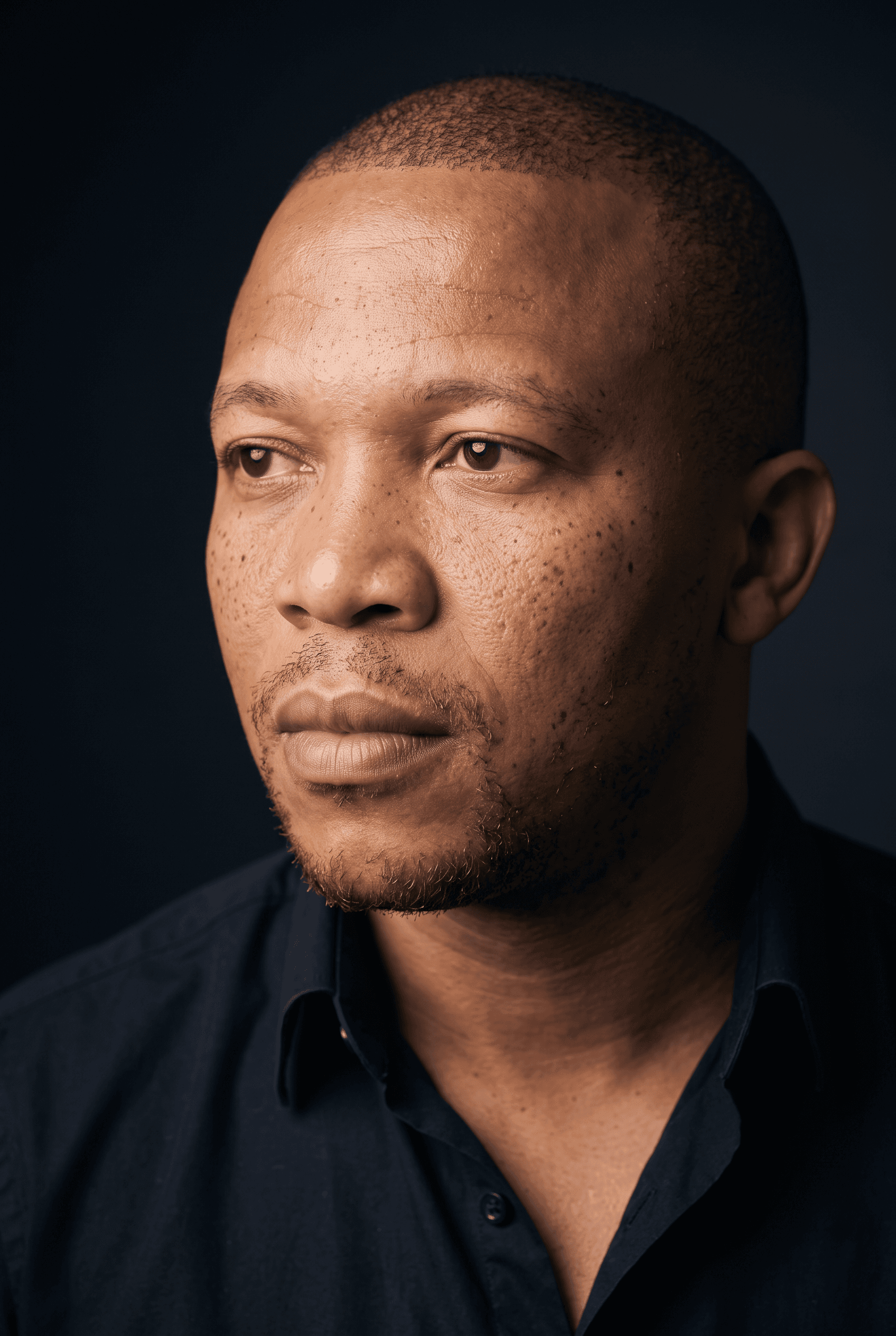 Close portrait of author Zakes Mdluli in a dark shirt, looking off-camera against a dark backdrop