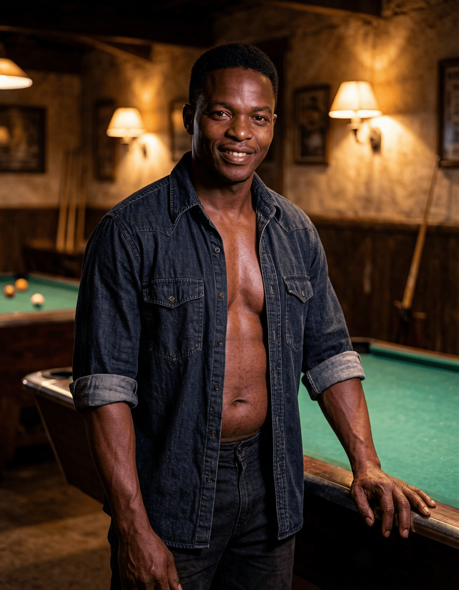 Bokang in an open denim shirt in a country pub near Bethlehem — a No Safe Word character