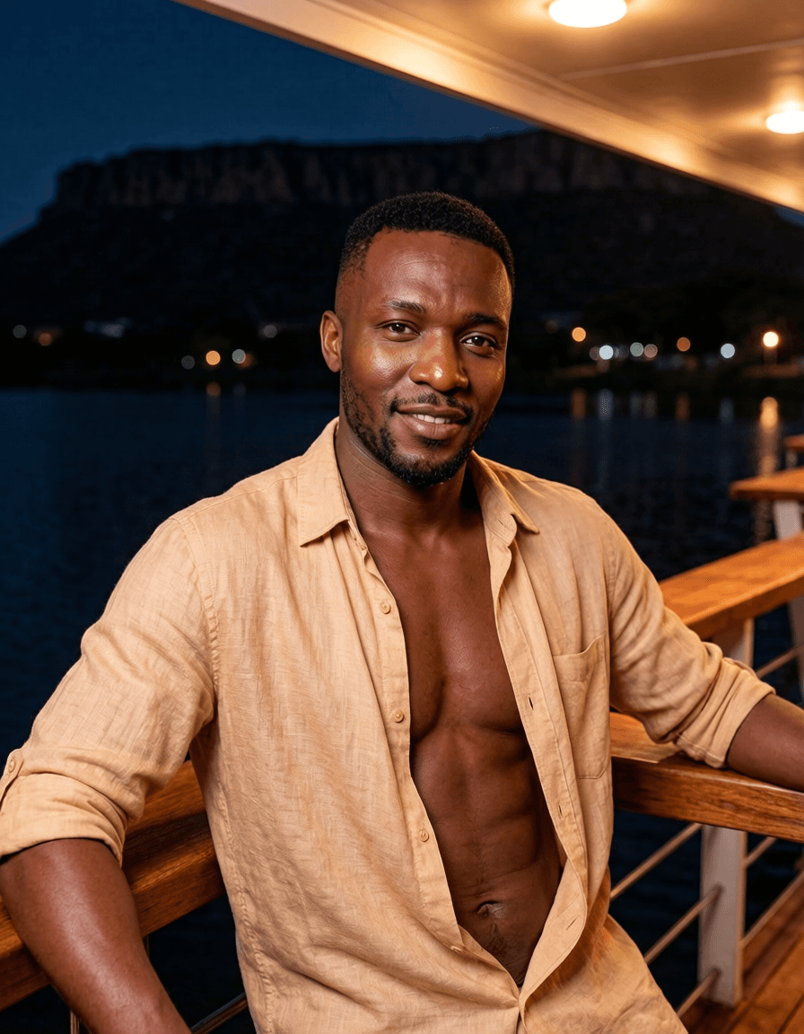 Kagiso in an open linen shirt on a Hartbeespoort dam-side deck — a No Safe Word character