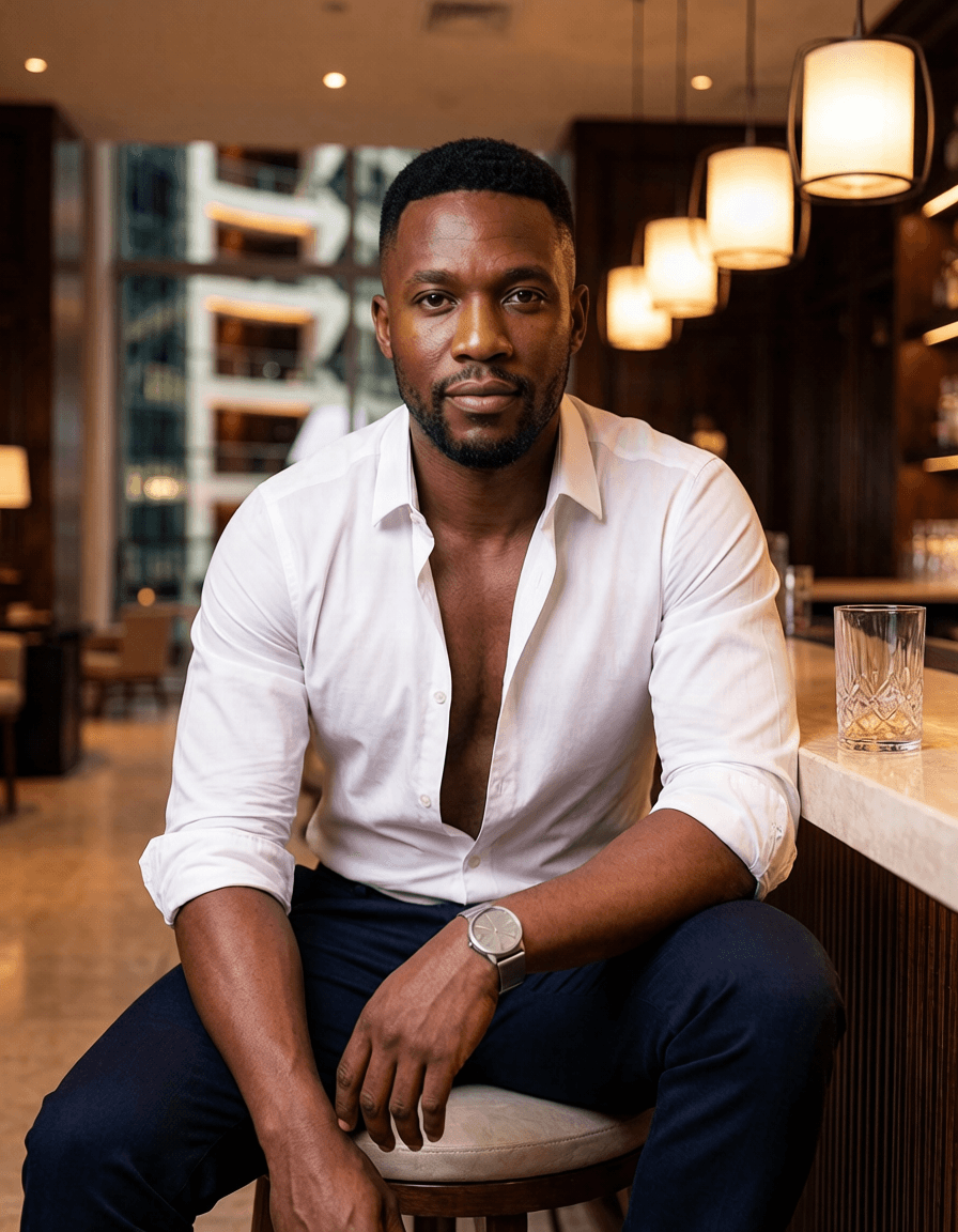 Khaya in an open white shirt in a Sandton hotel lobby bar — a No Safe Word character