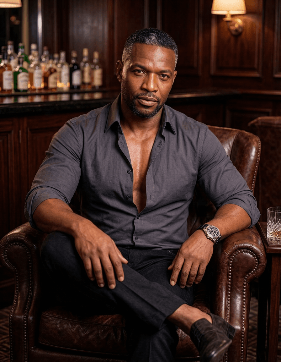 Musa in an open charcoal shirt in an Umhlanga members lounge — a No Safe Word character