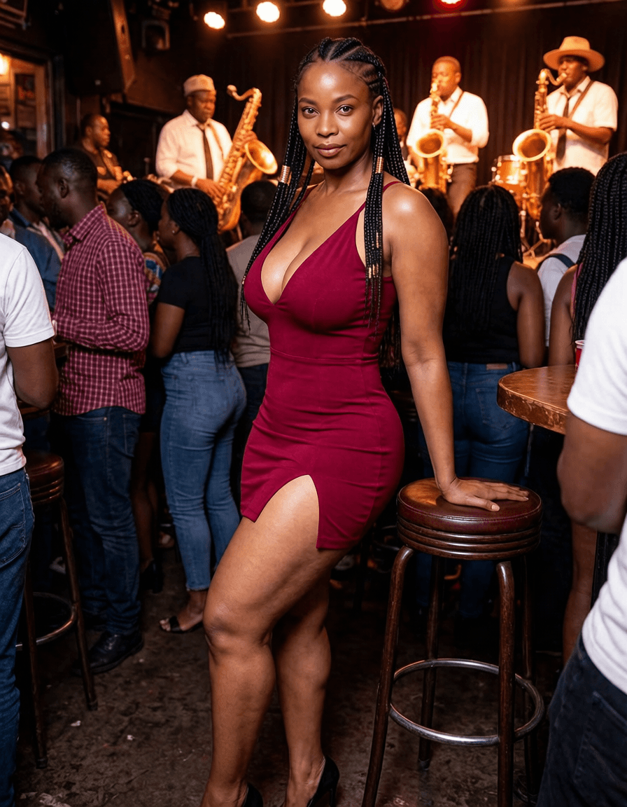 Phindile in a wine-red minidress at a Melville live-music bar — a No Safe Word character
