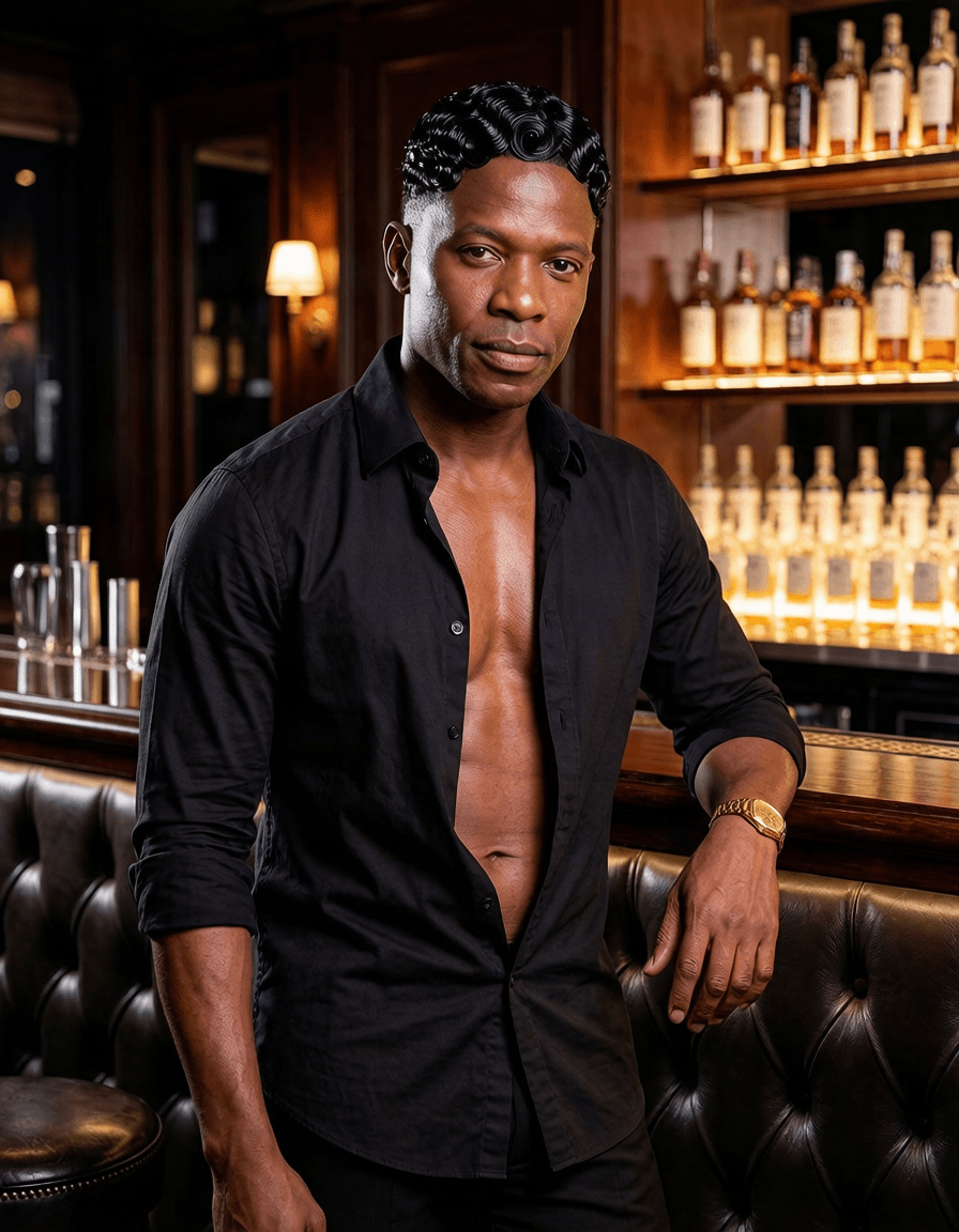 Tebogo in an open black shirt in a Menlyn whisky lounge, Pretoria — a No Safe Word character